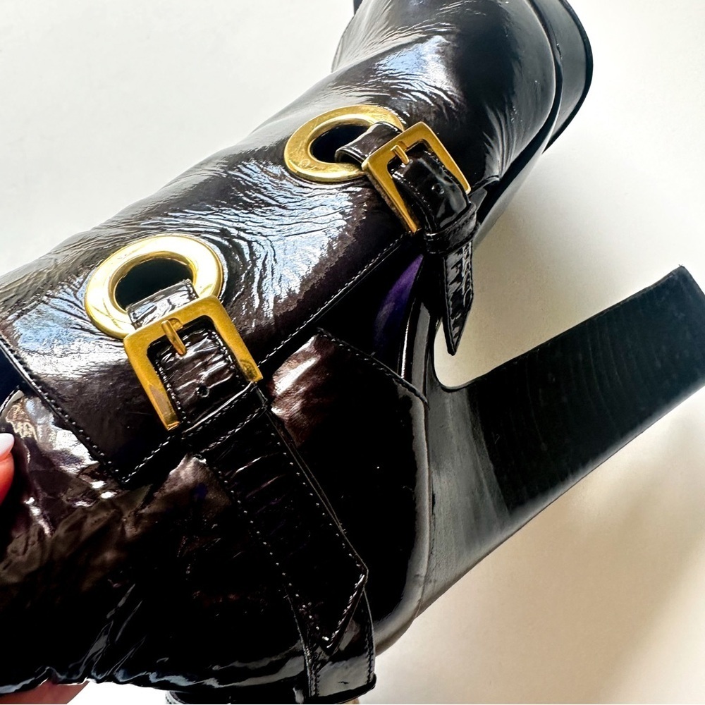 Sergio Rossi Crinkle Patent Leather Open-toe Booties Golden Statement Buckles 38 - Picture 4 of 14